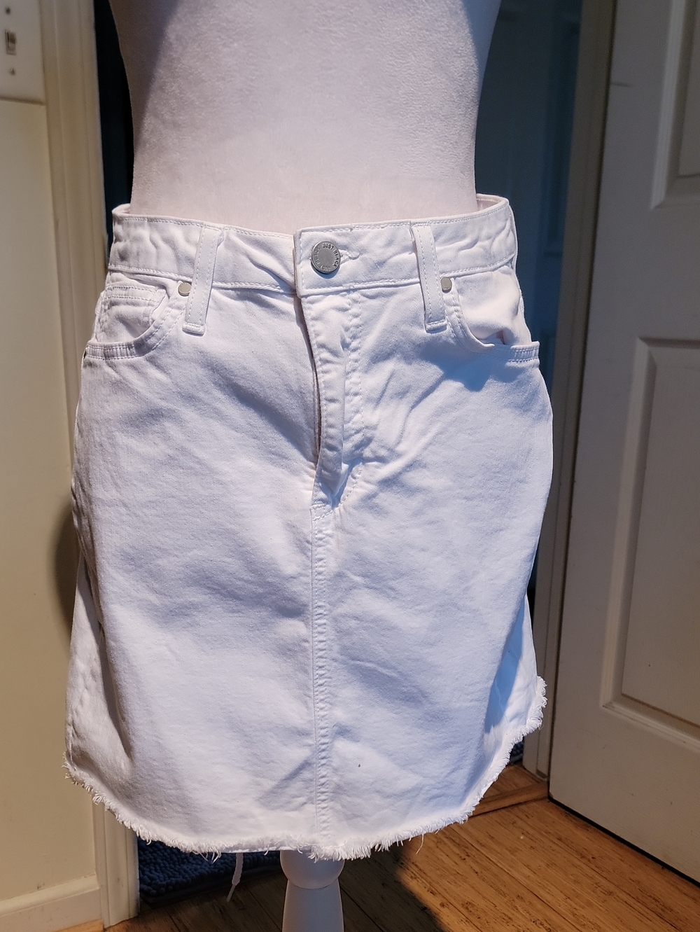 Just Black White Denim Mini Skirt with Raw Hem
